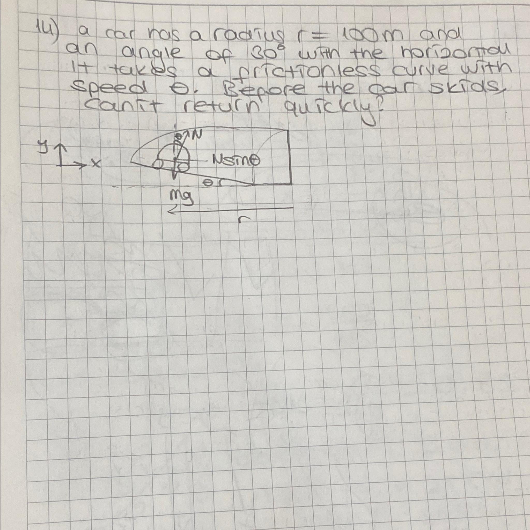 a car has a radius r=100m ﻿and an angle of 30° ﻿with | Chegg.com