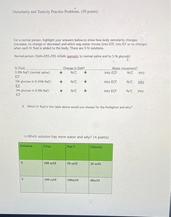 Solved Osmolarity and Tonicity Practice Problems. (50