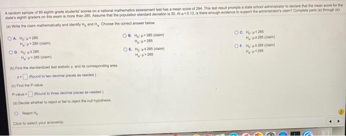 Solved A random sample of 89 eighth grade students' scores | Chegg.com