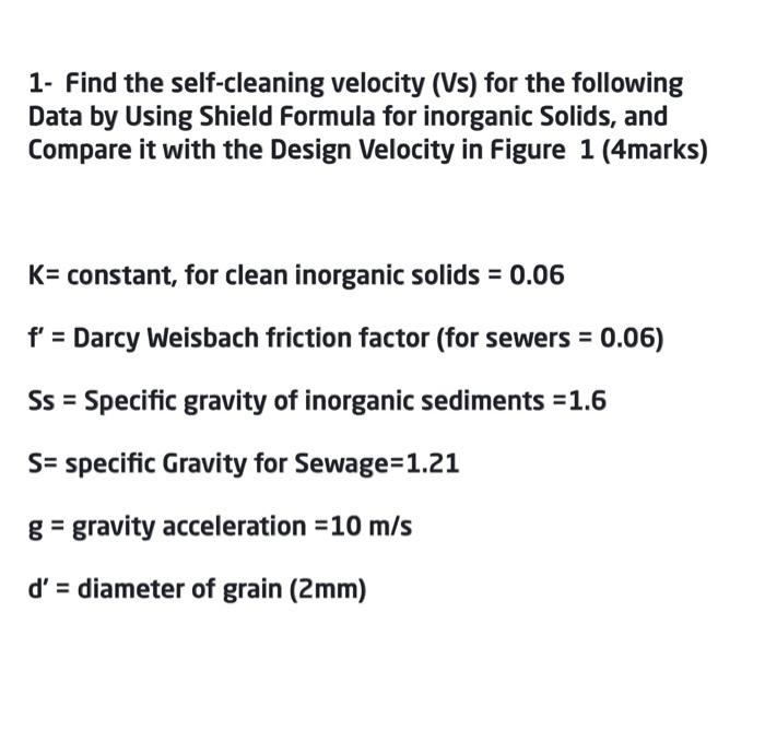 Solved 1 Find the selfcleaning velocity (Vs) for the