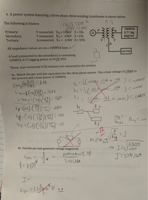 Solved 4. A power system featuring a three phase, three | Chegg.com