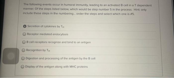 Solved The following events occur in humoral immunity, | Chegg.com