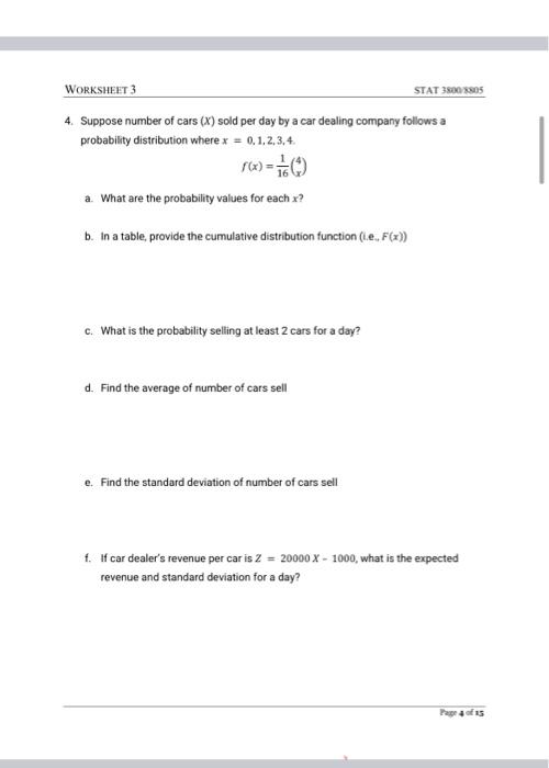 Solved 4. Suppose number of cars (X) sold per day by a car | Chegg.com