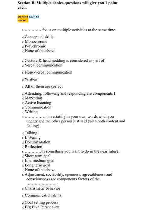 Solved Section B Multiple Choice Questions Will Give You 1 Chegg Com