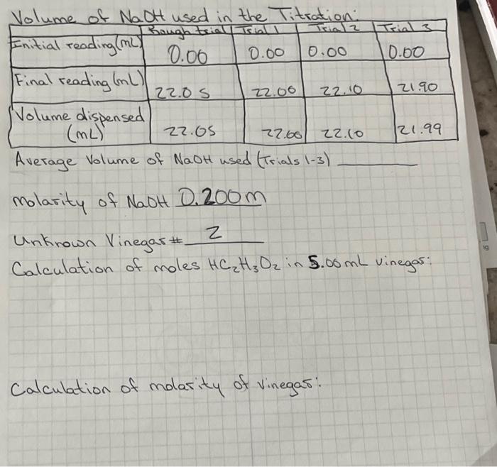 Solved Average volume of NaOH used (Trials (−3) molarity of | Chegg.com