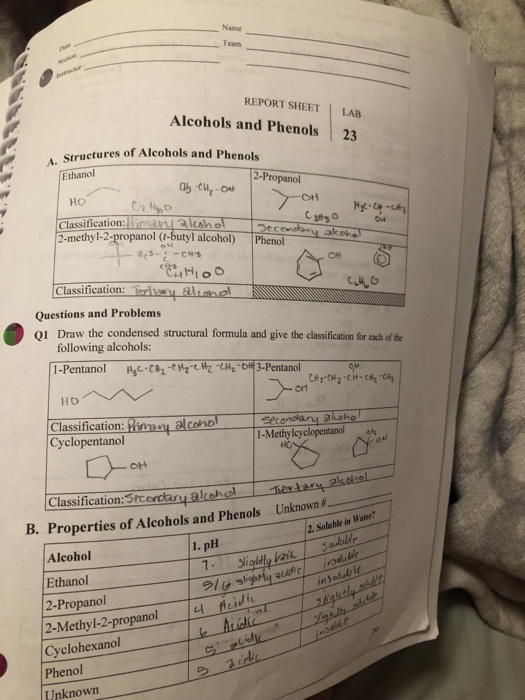 Solved REPORT SHEET Alcohols And Phenols LAB 23 Structures | Chegg.com