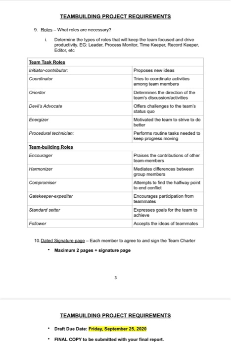 Team Requirements TEAMBUILDING PROJECT REQUIREMENTS 9. Roles - What | Chegg.com