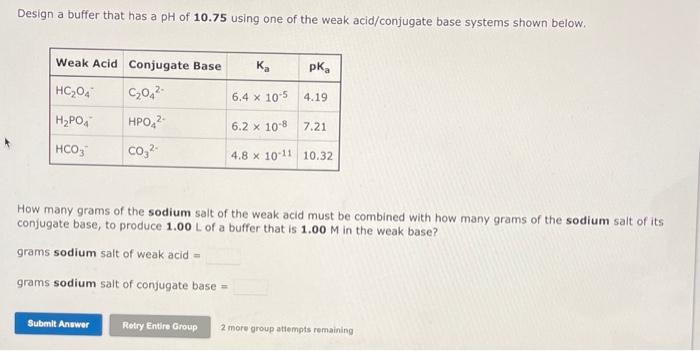 Solved Design a buffer that has a pH of 10.75 using one of | Chegg.com