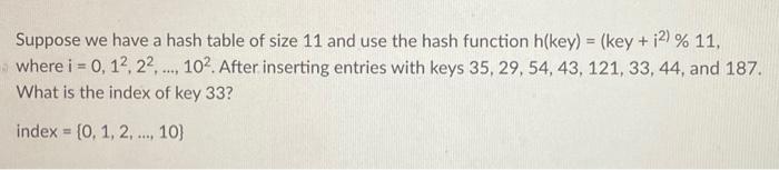 Suppose we have a hash table of size 11 and use the | Chegg.com