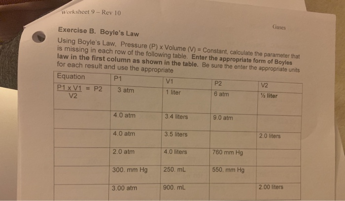 Solved Worksheet 9 - Rev 10 Gases Exercise B. Boyle's Law | Chegg.com