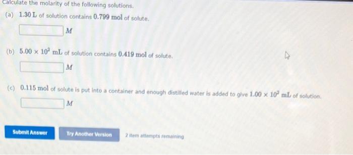 Solved Calculate the molarity of the following solutions. | Chegg.com