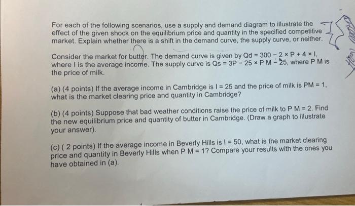 Solved For each of the following scenarios, use a supply and | Chegg.com