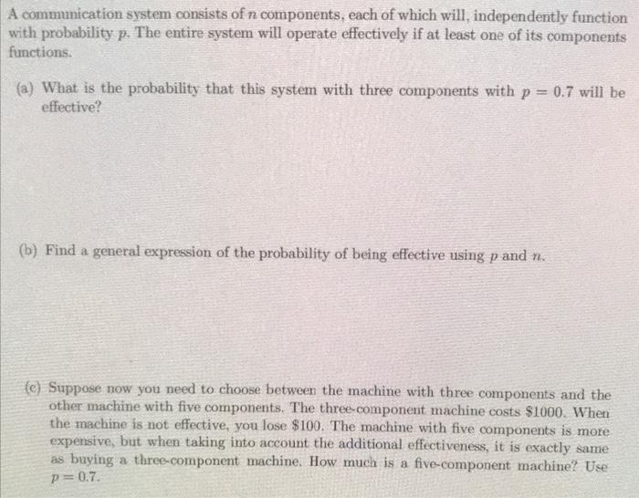 Solved A communication system consists of n components, each | Chegg.com