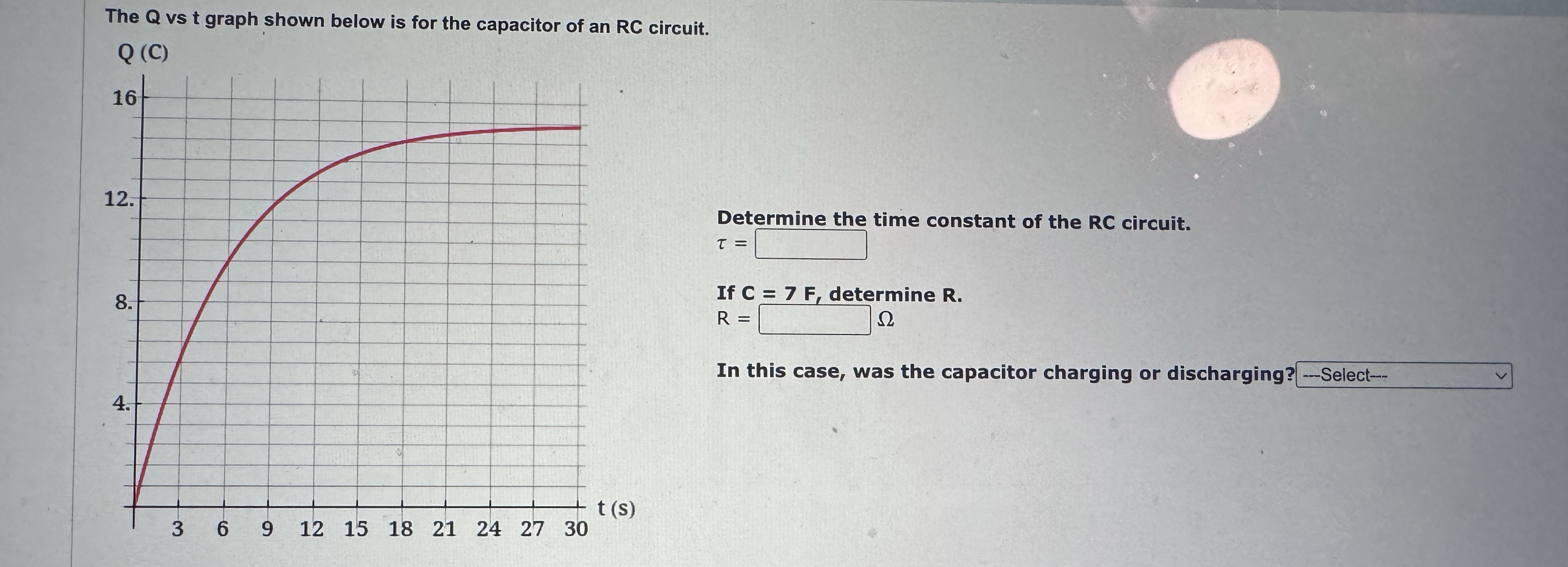 The Q vs t ﻿graph shown below is for the capacitor of
