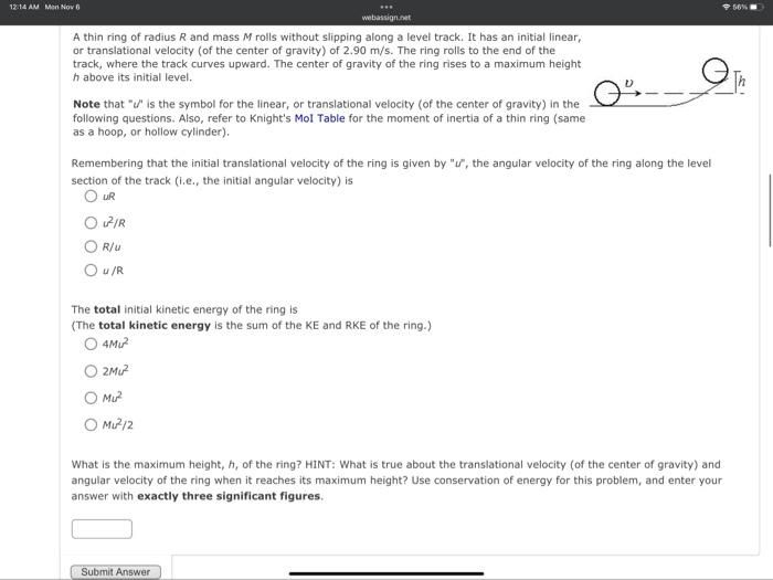 Solved A thin ring of radius R and mass M rolls without | Chegg.com