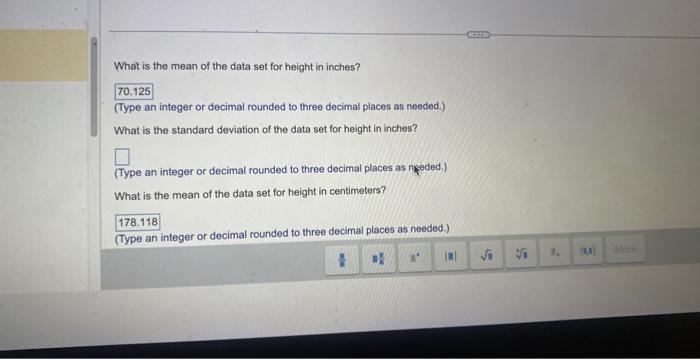 What is the mean of the data set for height in inches?
(Type an integer or decimal rounded to three decimal places as needed.