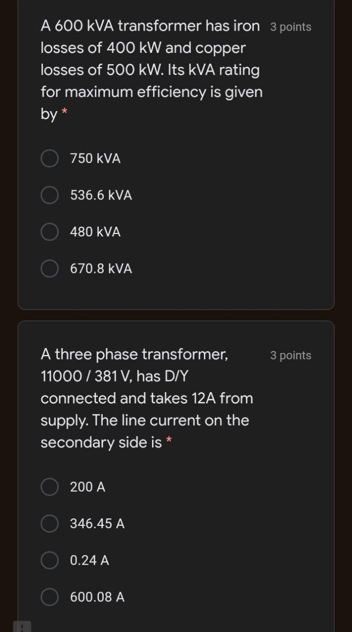 Solved A 600 KVA Transformer Has Iron 3 Points Losses Of 400 | Chegg.com