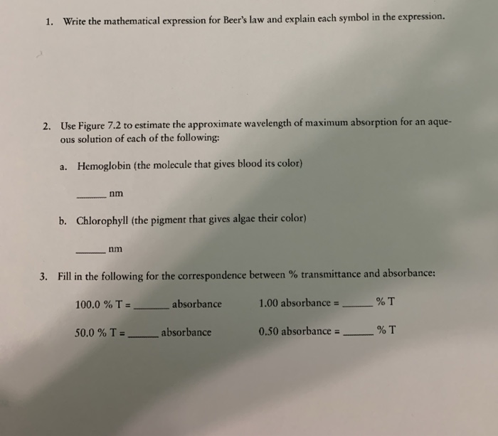 Solved 1. Write the mathematical expression for Beer's law