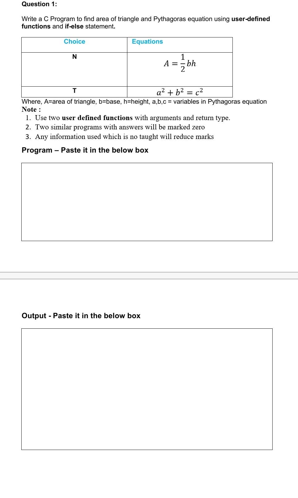 Solved Question 1: Write a C Program to find area of | Chegg.com