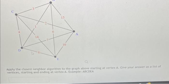 Apply the closest. neighbor algorithm to the graph above starting at vertex \( A \). Give your answer as a list of vertices,