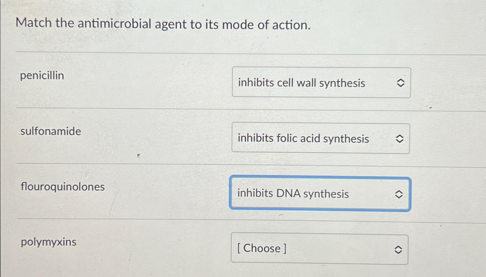 Solved Match the antimicrobial agent to its mode of | Chegg.com