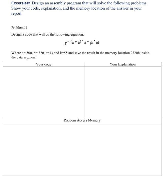 Solved Excersie#1 Design an assembly program that will solve | Chegg.com