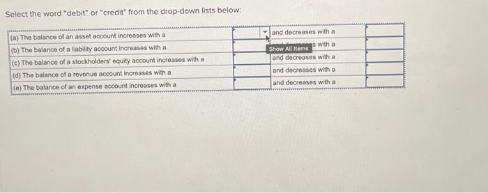 Solved Select the word "debit" or "credit" from the | Chegg.com