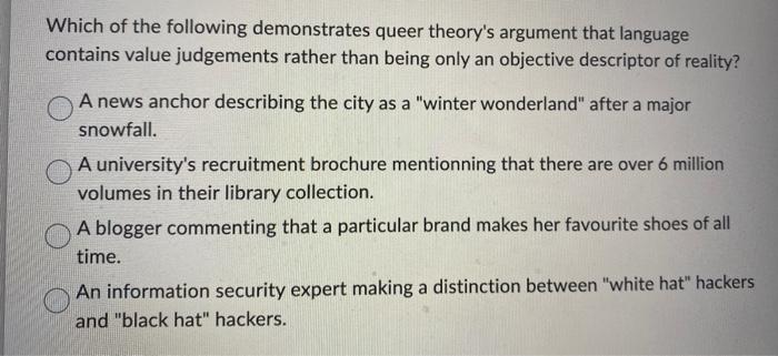 Which of the following demonstrates queer theory's | Chegg.com