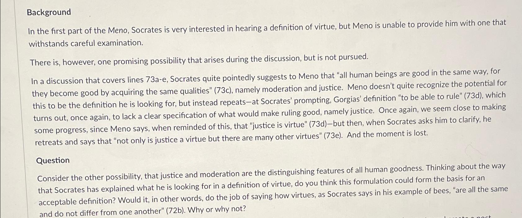 Solved BackgroundIn the first part of the Meno, Socrates is | Chegg.com