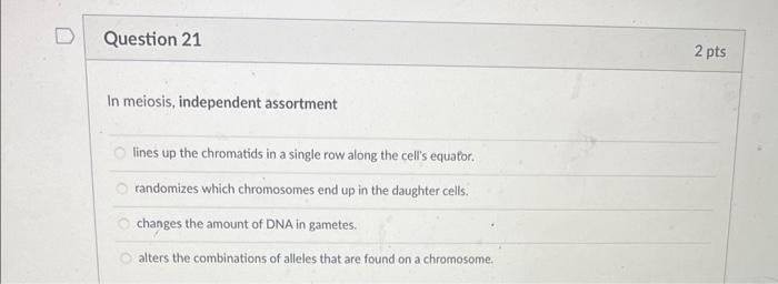 In meiosis, independent assortment
lines up the chromatids in a single row along the cells equator.
randomizes which chromos