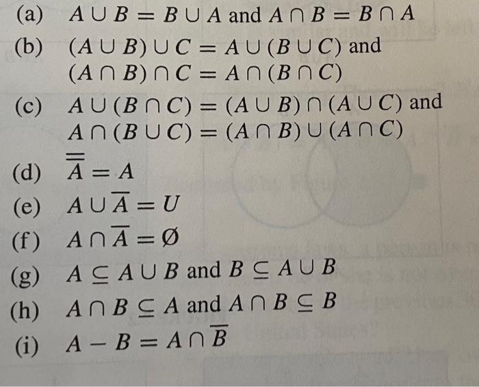 Solved A−B=B−A?(a) A∪B=B∪A And A∩B=B∩A (b) (A∪B)∪C=A∪(B∪C) | Chegg.com