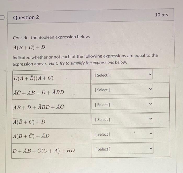 Solved 10 pts Question 2 Consider the Boolean expression | Chegg.com