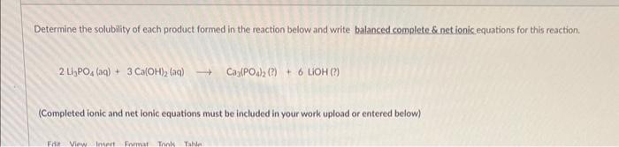 Determine the solubility of each product formed in the reaction below and write balanced complete \& net ionic equations for