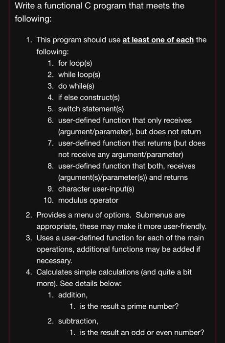Solved Write a functional C program that meets the | Chegg.com