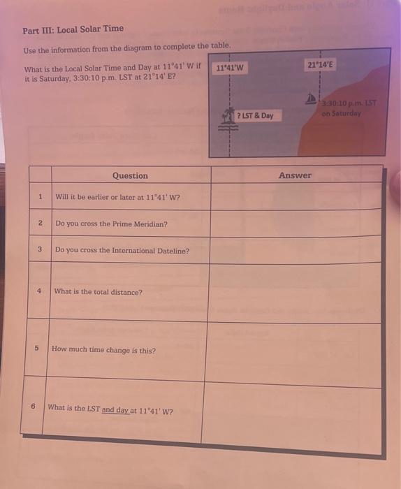 Solved Part III Local Solar Time Use the information from