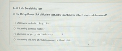 Solved Antibiotic Sensitivity TestIn the Kirby-Bauer disk | Chegg.com
