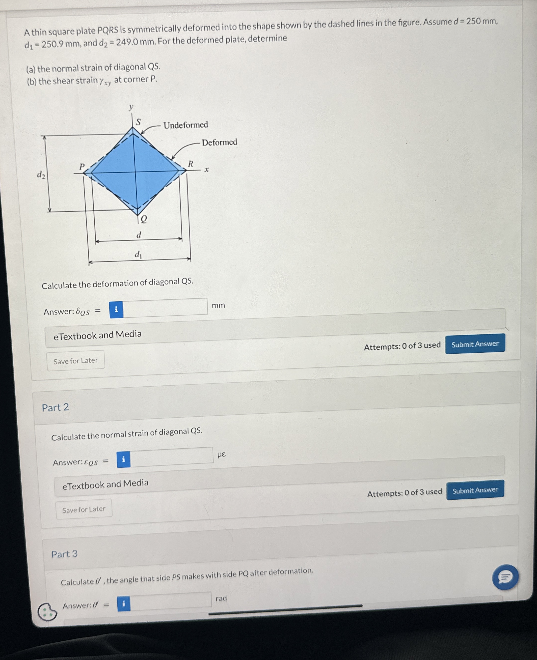 Solved A thin square plate PQRS is symmetrically deformed | Chegg.com