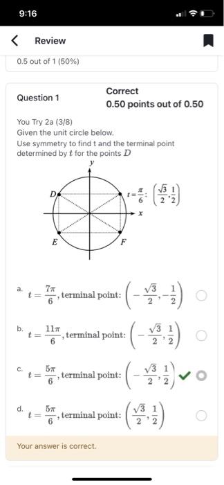 Solved b. t=611π, terminal point: (−23,21) c. t=65π, | Chegg.com