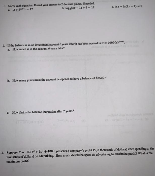 Solved 1. Solve each equation. Round your answer to 2 | Chegg.com