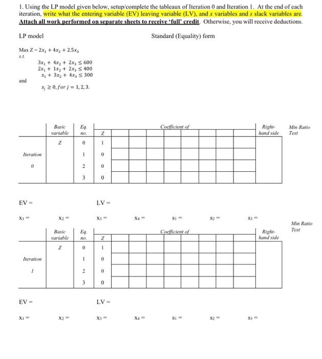 Solved 1. Using the LP model given below, setup/complete the | Chegg.com