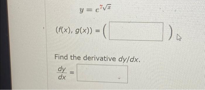 Solved y=e²√² (f(x), g(x)) = Find the derivative dy/dx. dy | Chegg.com