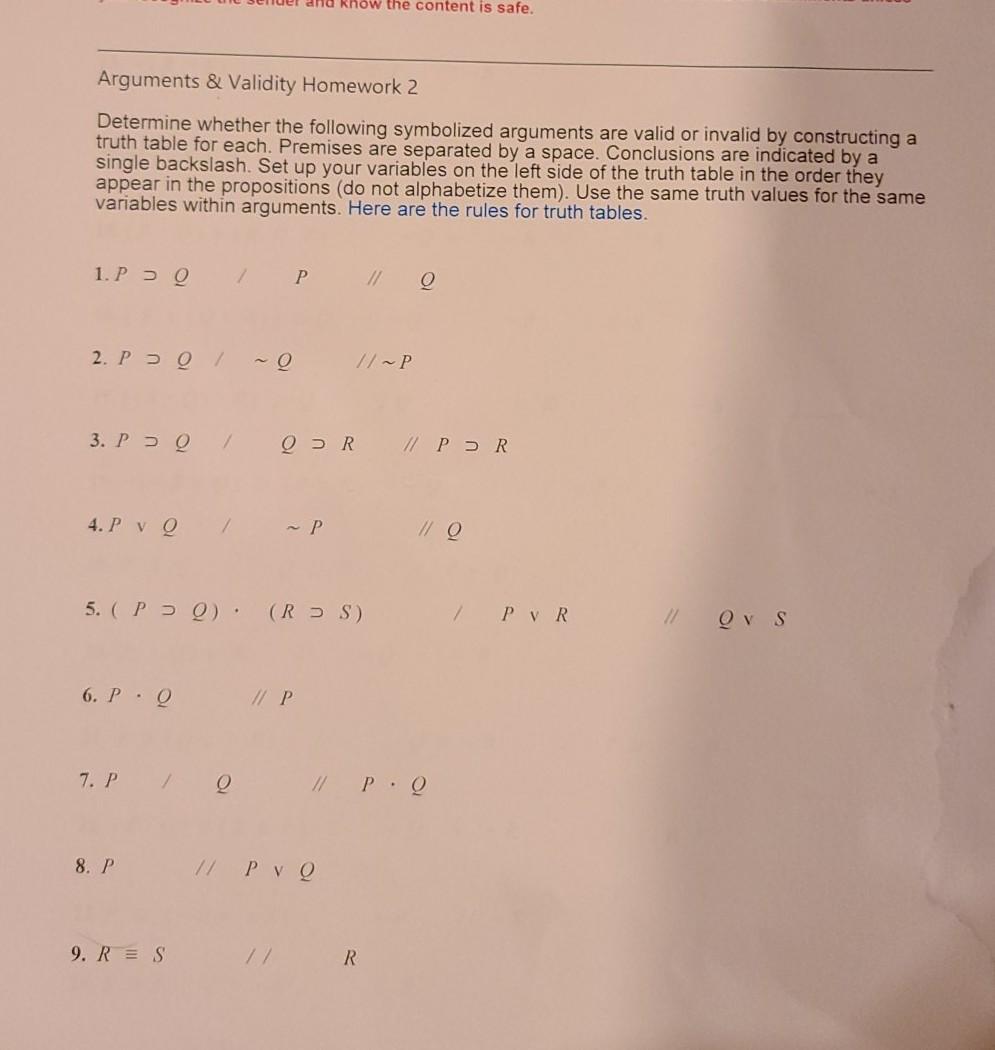 Solved Know The Content Is Safe. Arguments & Validity | Chegg.com