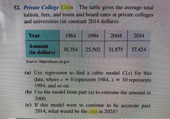 Solved 52. Private College Costs The table gives the average | Chegg.com