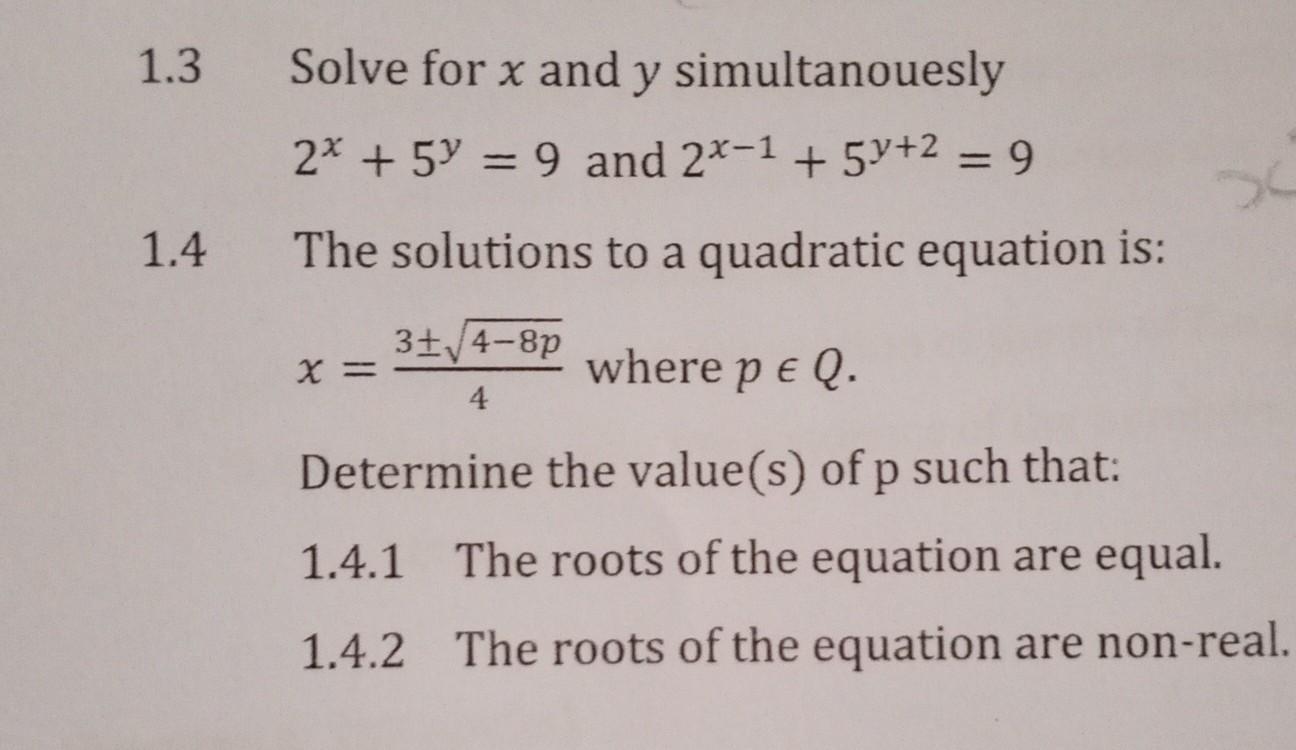 Solved 1.3 Solve for x and y simultanouesly 2x+5y=9 and | Chegg.com