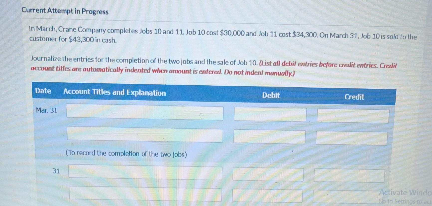 Solved In March, Crane Company completes Jobs 10 and 11. Job