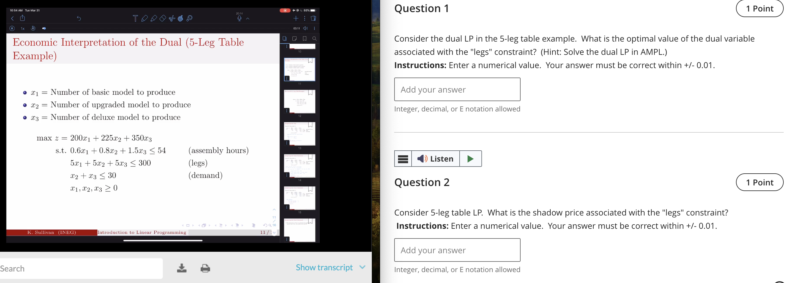 Solved Consider the dual LP in the 5-leg table example. What | Chegg.com