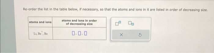 Re-order the list in the table below, if necessary, so that the atoms and lons in it are listed in order of decreasing size.