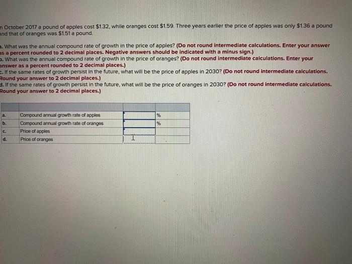 Solved n October 2017 a pound of apples cost 1.32, while