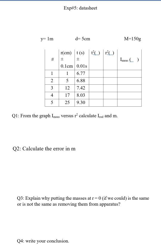 Exp 5 Datasheet Y Im D 5cm M 150g R Cm T S To Ro Chegg Com