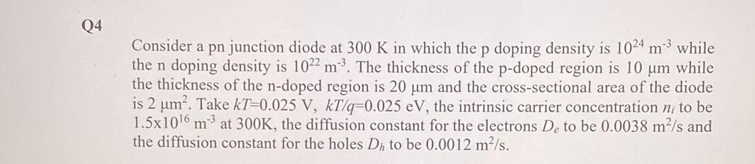 Solved Q4 Consider a pn junction diode at 300 K in which the | Chegg.com